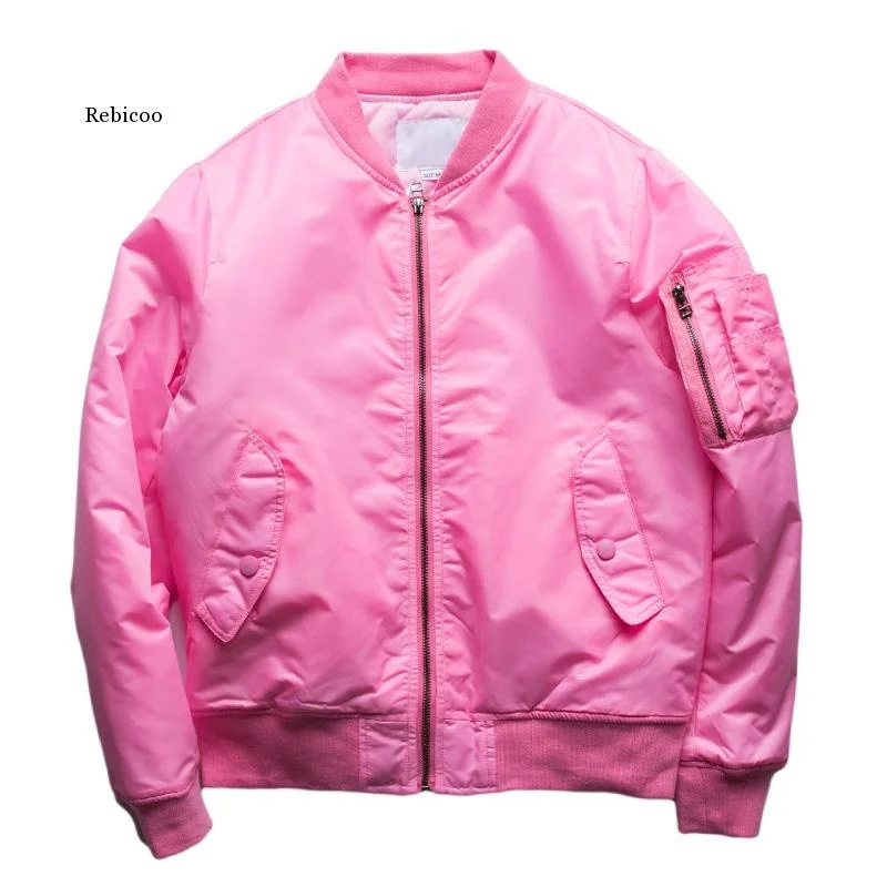 

Mens Pink Bomber Jacket Padded Aviator Jackets Zippered Sleeve Pocket Stand Collar Baseball Jacket Military Style Pink Coat