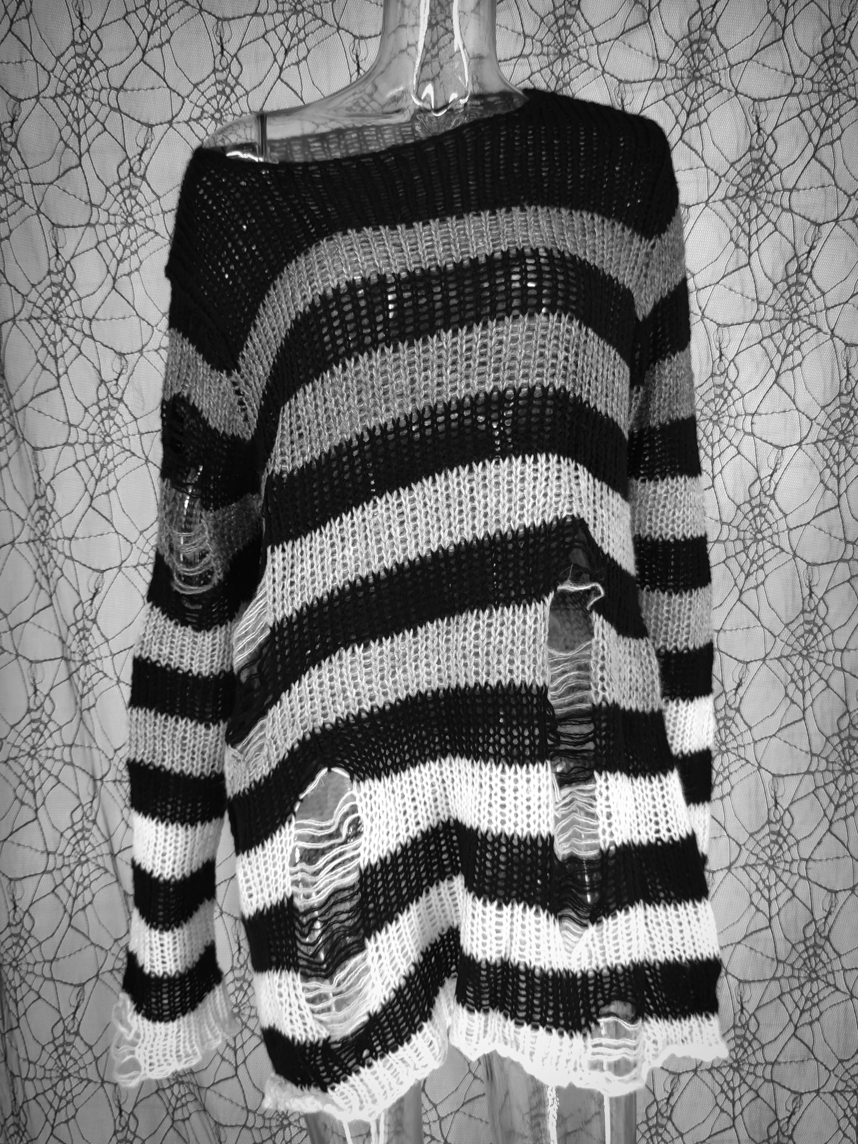 Yangelo Punk Gothic Long Unisex Sweater Women 2021 Striped Hollow Out Hole Jumper Loose Black Streetwear Pullover Top Female images - 6