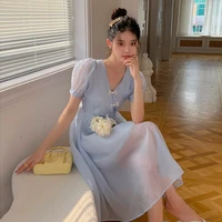 2022 summer womens french vintage solid color dress bow buckle puff sleeve lace up midi fairy dress elegant lady clothing