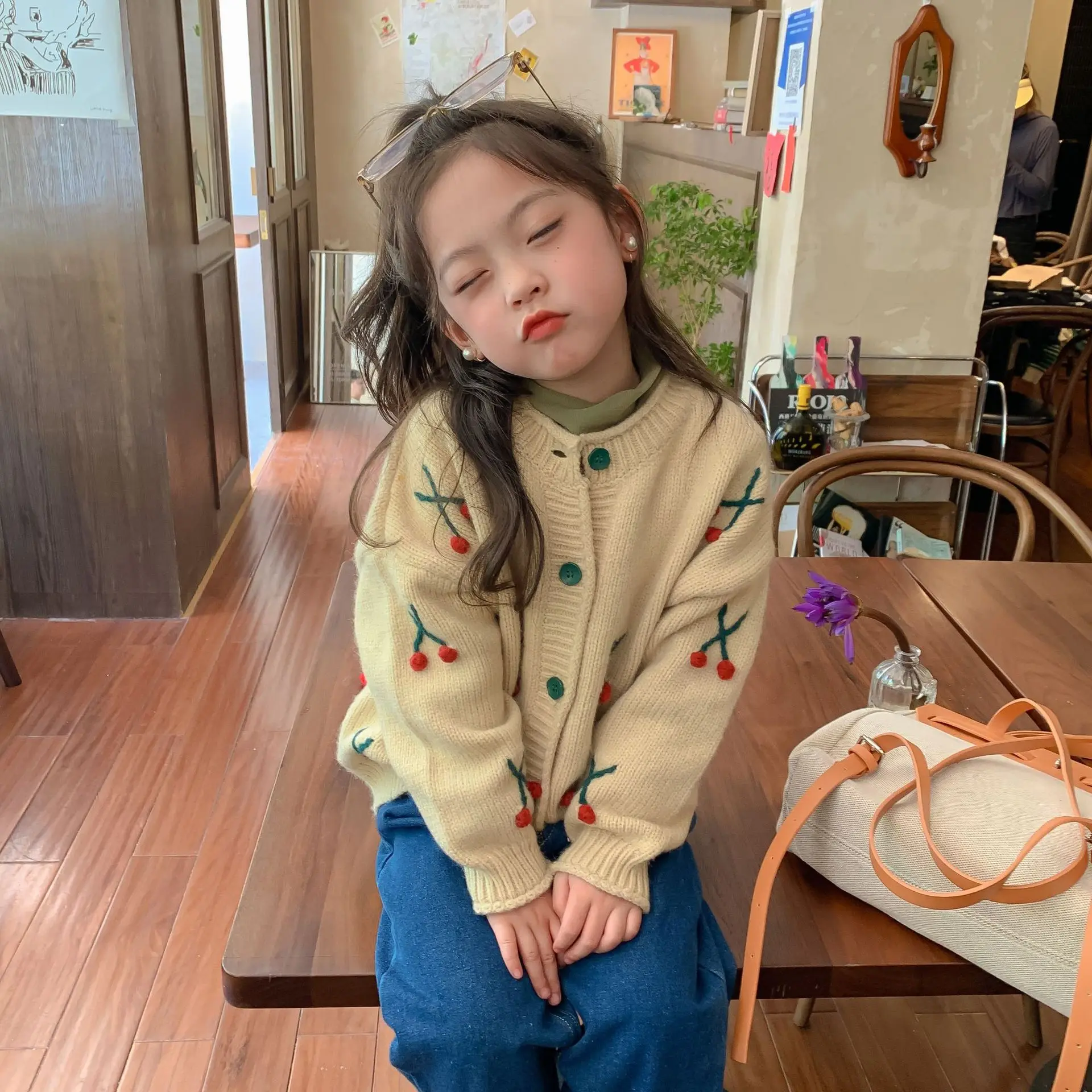 

MILA CHOU 2022 Spring Autumn Girls Cute Cherry Sweater Children Casual O-neck Apricot Knit Cardigan Coat Top Kids Clothes 2-8Y