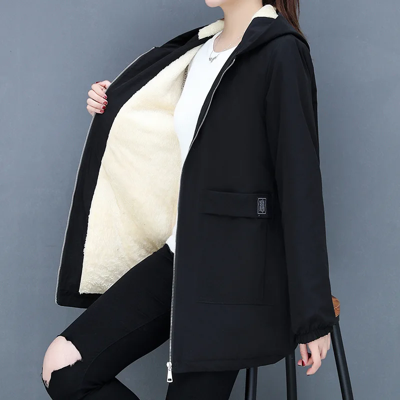 Autumn and Winter 2022 New Korean Thickened Warm Lamb Wool Cotton Shirt Women's Medium Long Versatile Loose Hooded Coat Female