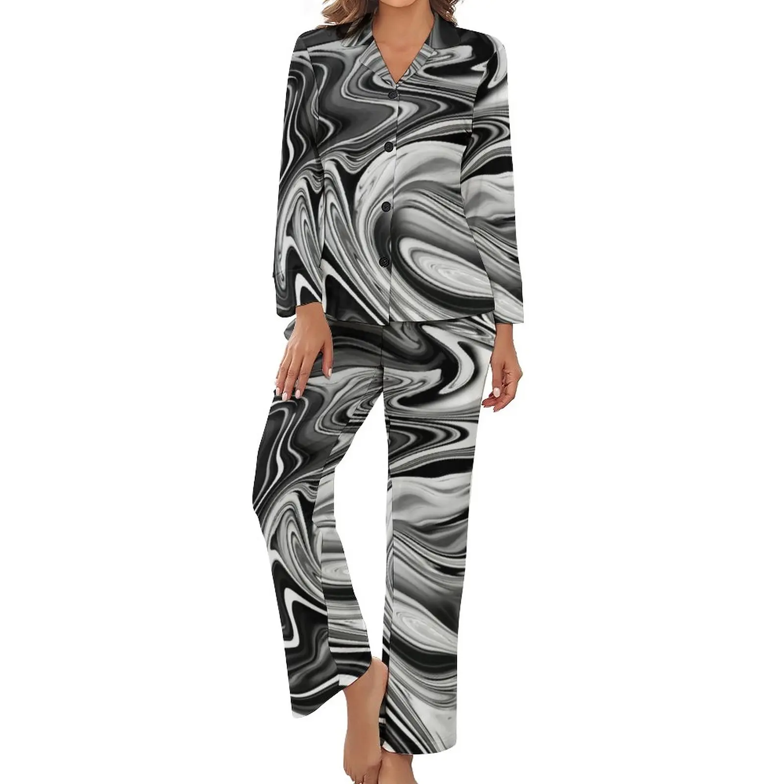 

Liquid Black And White Pajamas Elegant Marble Long Sleeve Fashion Pajama Sets Two Piece Casual Autumn Graphic Home Suit Present