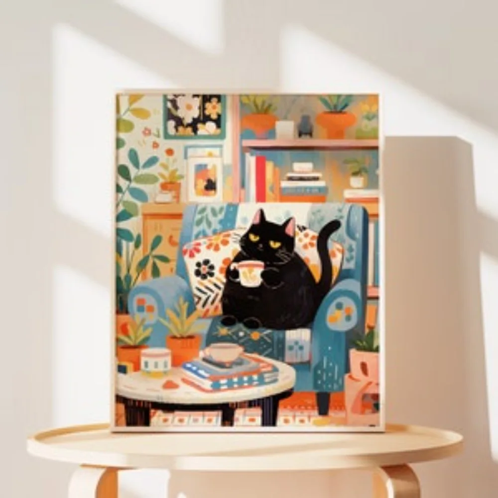 

Живопись "Кошка пьет кофе", HALFLEMART, печать на холсте