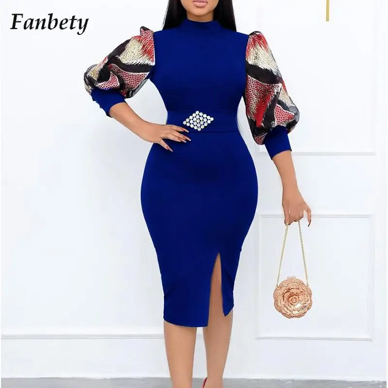 

Women Elegant Pattern Print Party Dress 2022 Spring O Neck Bodycon Mini Dress Lady Autumn Casual 3/4 Puff Sleeve Dress Vestido