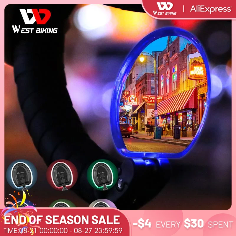 

WEST BIKING Cycling Rear View Mirror 360 Rotation Adjustable MTB Road Bike Handlebar Mirrors With LED Light Bicycle Accessories