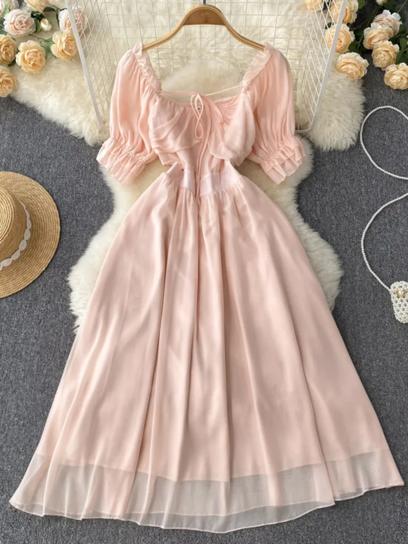 

Korean Fashion Women Pink Dress Summer 2022 Retro Square Collar Short Sleeve Hollow Out Waist A-line Midi Party Dress Vestidos