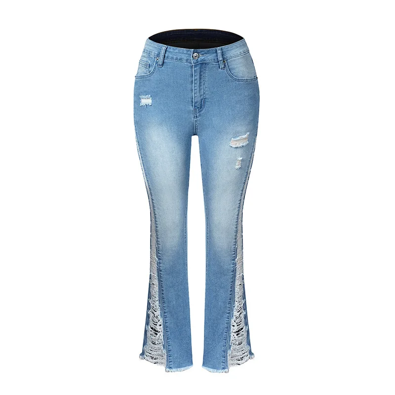 LXUNYI 2023 Spring Summer New Hole Hole Jeans Mujer High Stretch Flare Ragged Pants Women Ripped  Fringed Denim Trousers