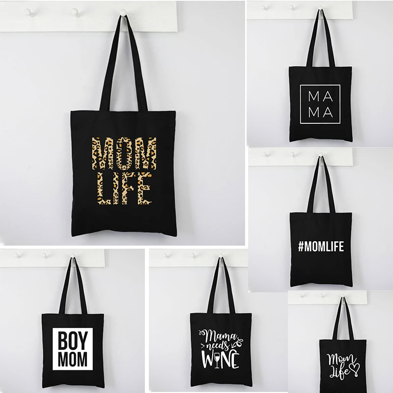 

Mama Shopping Canvas Black Bag Mom Life Print Tote Bags Large Capacity Mother Bag Reusable Eco Cloth Bag Foldable Letter