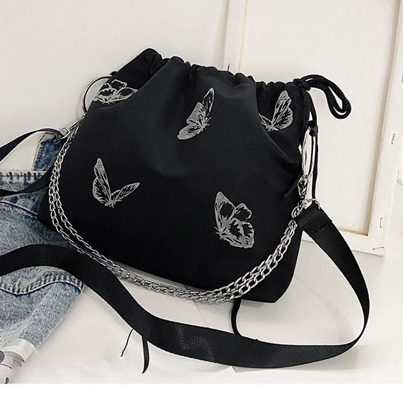 

Fashion Luminous Butterfly Messenger Bag Women Drawstring Chain Shoulder Pouch Nylon Casual Lady Handbag