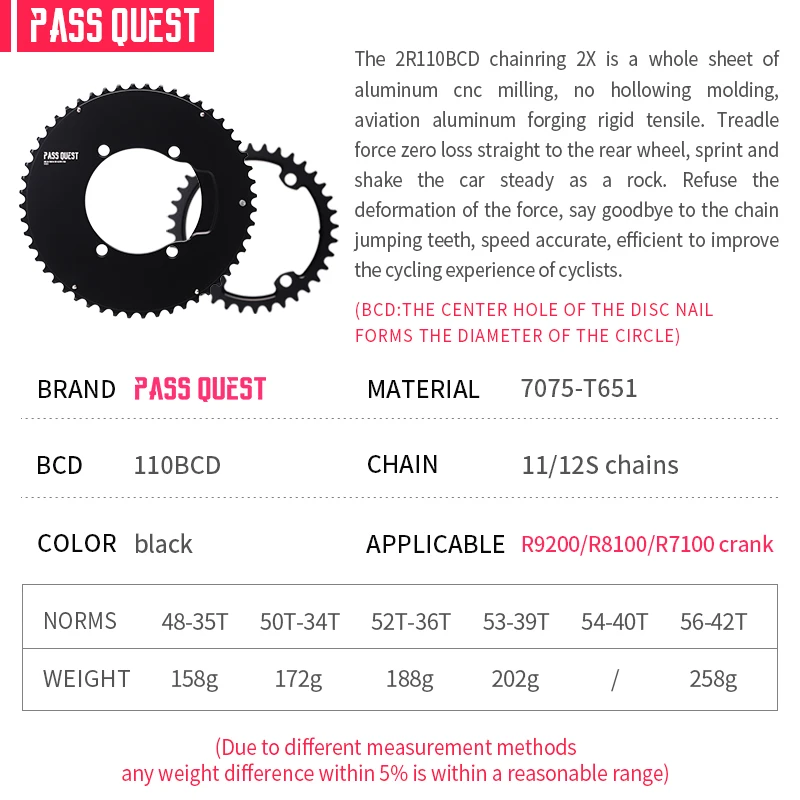 Фото Велосипедная цепная звездочка 110 BCD Crank PASS QUEST для R7100 R8100 R9200, 48-35T до 56-42T №2