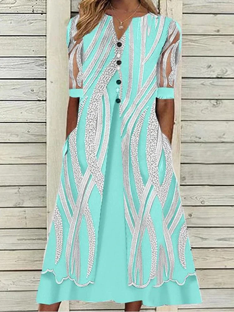 

2022 Spring V Neck Button Mesh Boho Dress Women Sexy Embroidery Lace Party Dress Summer Sheer Sleeve Pocket A-Line Beach Dresses