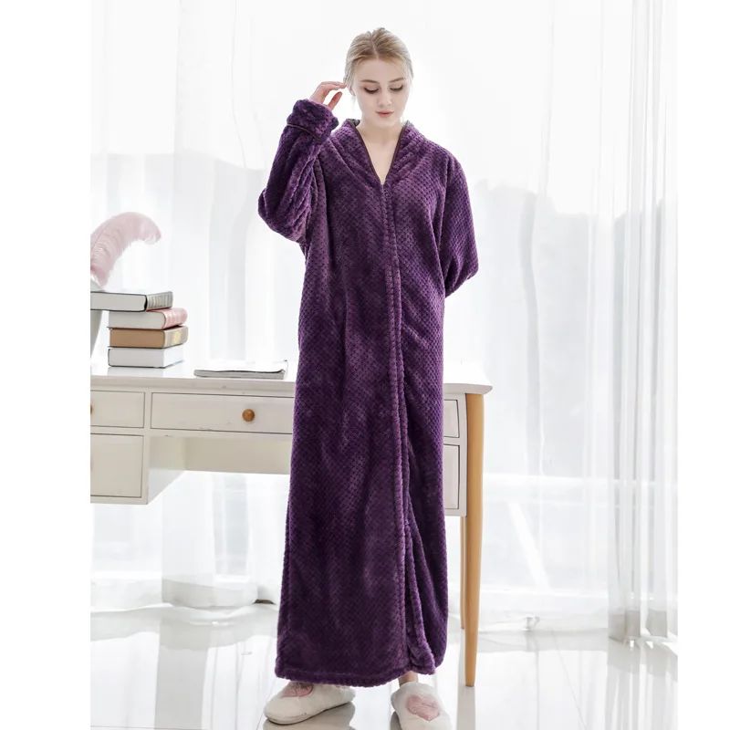 Long-sleeve Velvet Robes Flannel Zipper Men Women Sleepwear Dressing Gown Plus Kimono Winter Warm Long Bathrobe Coral Fleece