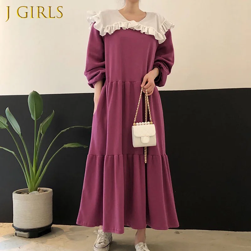 

J GIRLS Casual Peter Pan Collar Dress Women Autumn Korea New Fashion Female Fungus Hit Color Patchwork High Waist Dresses Loose