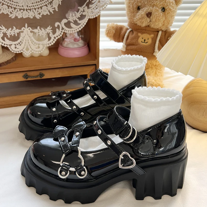 Lolita Shoes Platform Women's Shoes on Heels Women 2023 Loli Thick Heel Women Shoes Kawaii Cute Cosplay Mary Janes heart buckle
