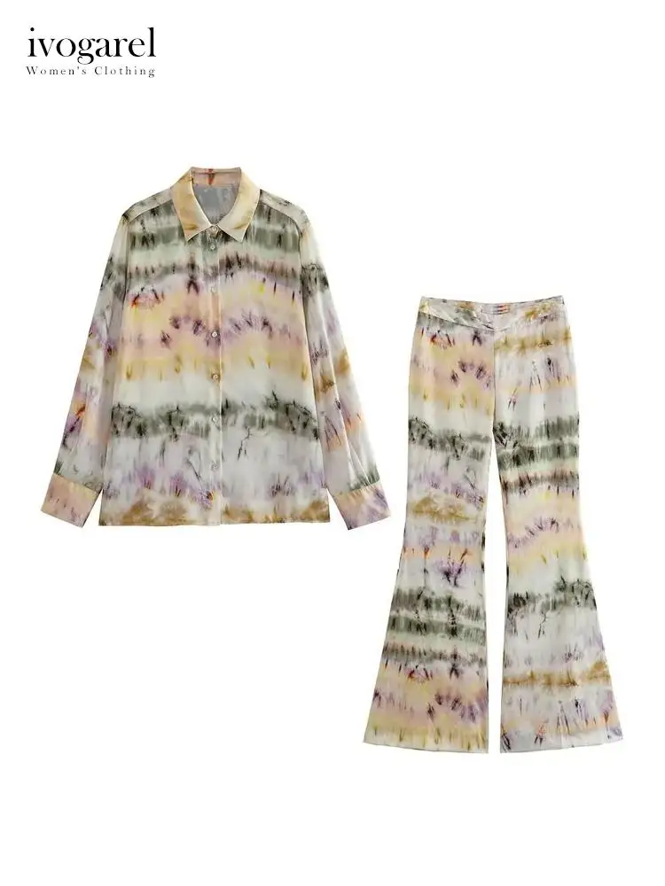 

Ivogarel Women's Tie-Dye Print Shirt & Flare Trousers Collared Long Sleeve Shirt with Button-Up Front and High-Waist Flare Pants
