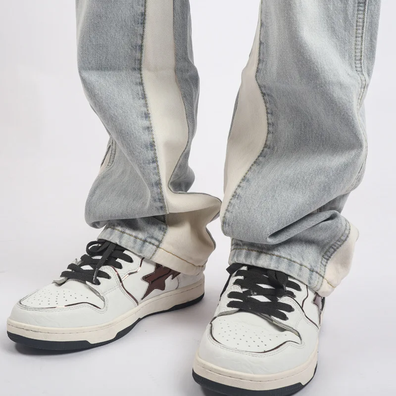 Four Seasons Men Jeans High Street Retro Loose Washed Blue Vibe Style Patchwork Jeans Korean Y2K Pants Ins Hot Sale Men Clothing