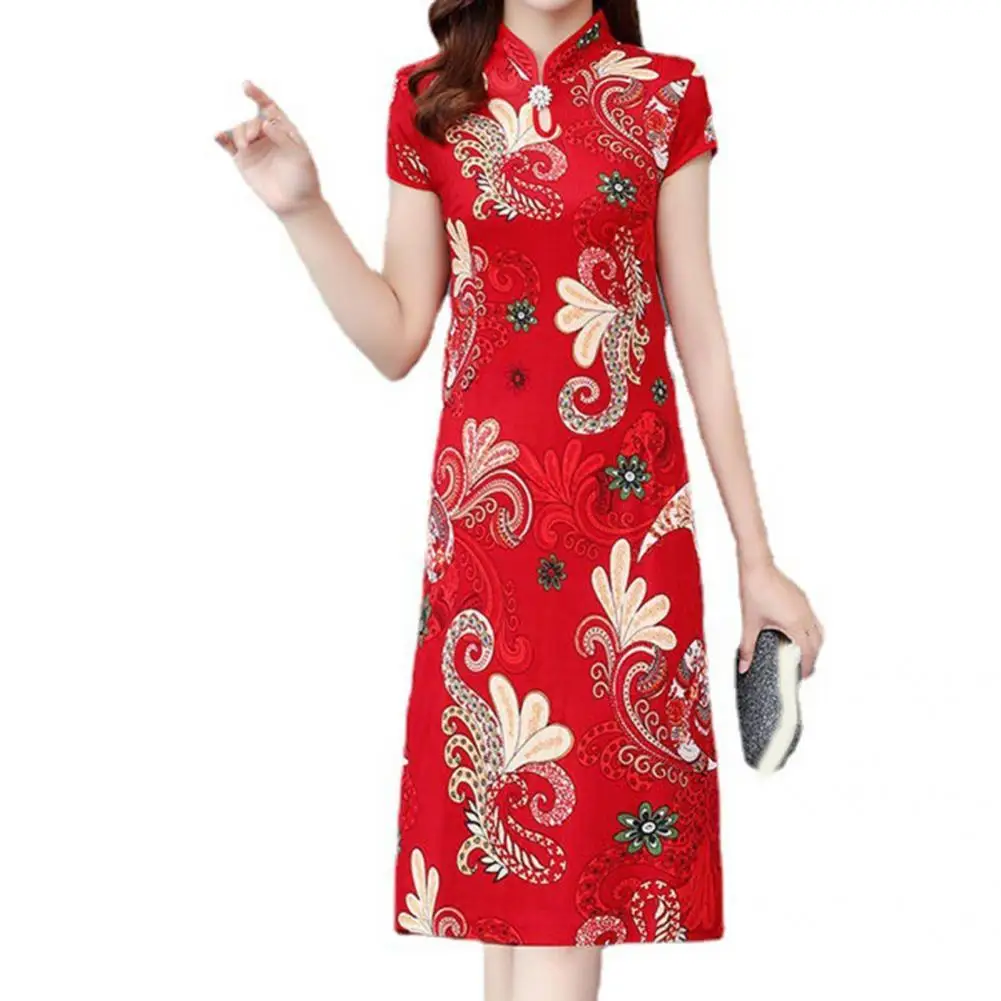 

Mid-calf Length Terrific Retro Women Cheongsam Classic Chinese Cheongsam Floral Pattern for Stage Show