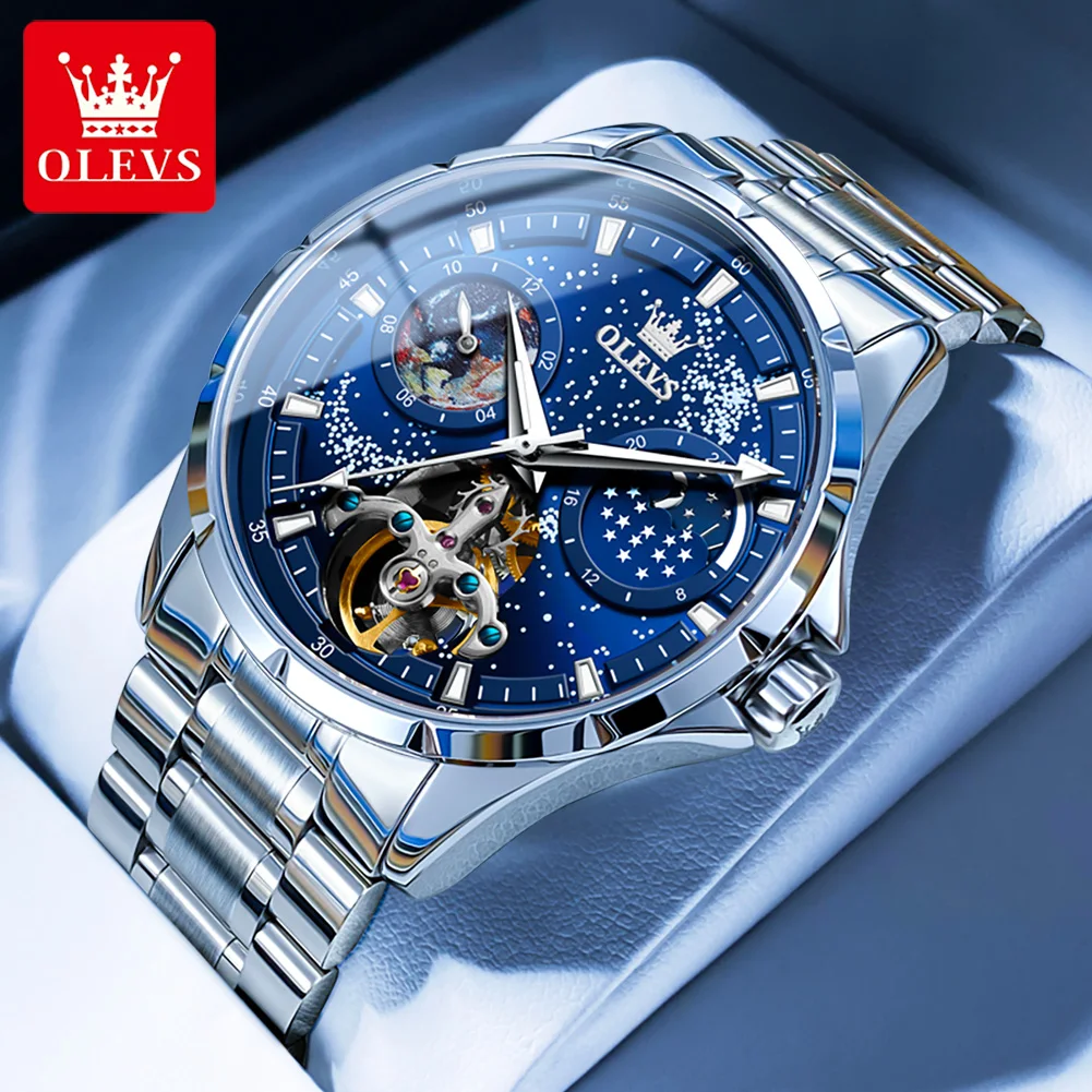 

OLEVS New Men's Mechanical Watch Automatic Self-Wind Starry Skies Dial Luminous Skeleton Hollow Moon Phase Wristwatches For Men