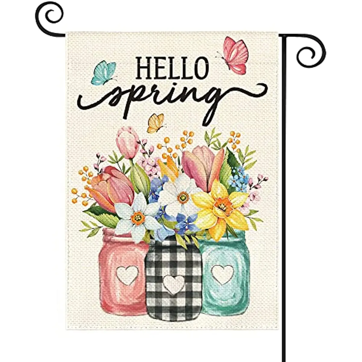 

Hello Spring Garden Flag 12x18 Inch Double Sided Outside, Floral Mason Jar Holiday Yard Outdoor Flag