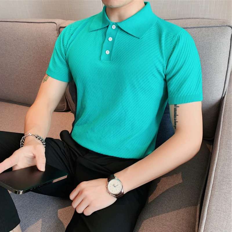 

Solid Color Twill Lapel Short Sleeve Men's Business Formal Social POLO Shirt Spring Summer Slim British Button Knit T-Shirt POLO