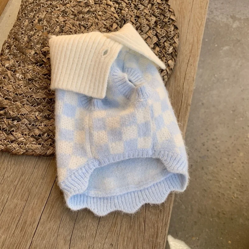 

Sweet Plaid Sweater Dog Pet Clothing Cotton Warm Dogs Clothes Cat Lapel Cute Autumn Winter Blue Fashion Girl Boy Yorkshire