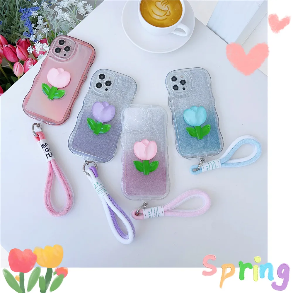 

Cute Glitter 3D Flower Phone Case For iPhone 14 13 12 11 Pro Max X XS XR 7 8 Plus Lanyard Strap Shockproof Bumper Soft TPU Cover