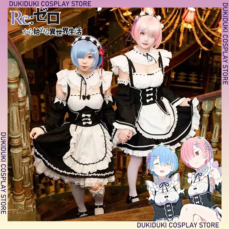Фото Аниме Ram Rem Косплей Костюм Re Zero Starting Life in Another World Костюм Горничной Лолита Платье Вечерние Ролевые Игры Наряды Карнавал №1