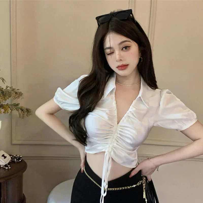 Укороченная одежда с V-образным вырезом и коротким рукавом черные женские