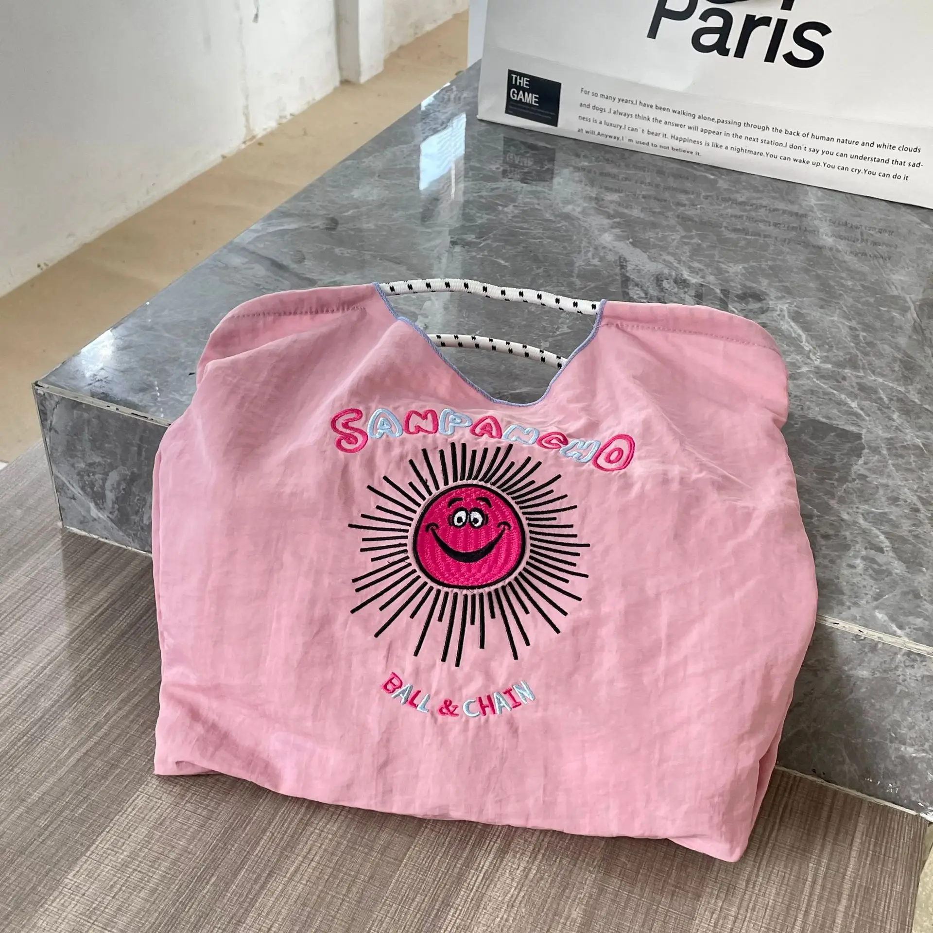 

Designer Sun Embroidery Eco Bag Large Tote Women Shoulder Bag Rope Handle Handbags and Purses Ball Shopper Bags Nylon Hobos Chic