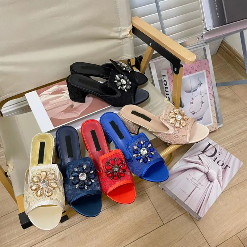 

Lace Buckle Thick Heel Slippers Women Wear Mesh Breathable Rhinestone Sandals Women's Large Size