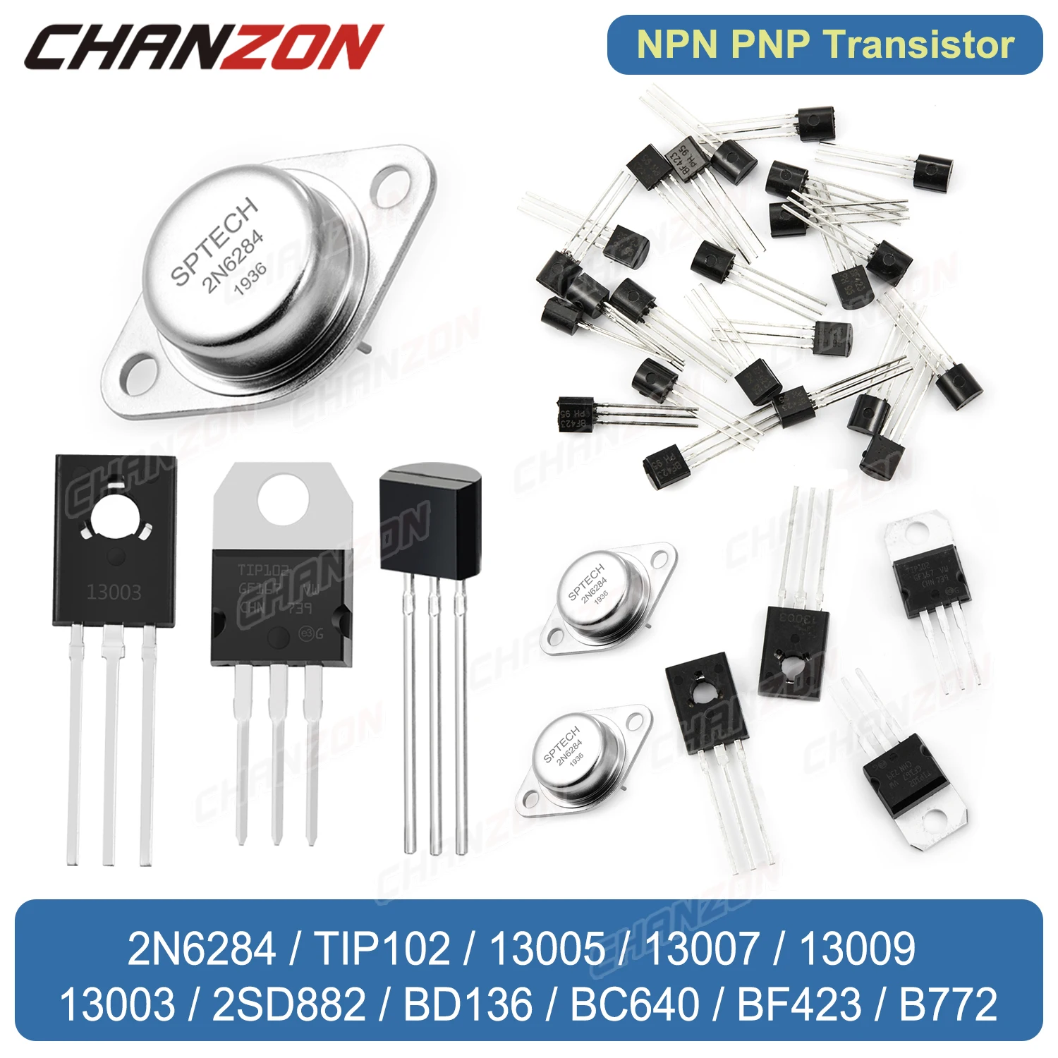 

2N6284 TIP102 13005 13007 13009 13003 2SD882 BD136 BC640 BF423 B772 TO-3 TO-220 TO-126 TO-92 NPN PNP Darlington Power Transistor