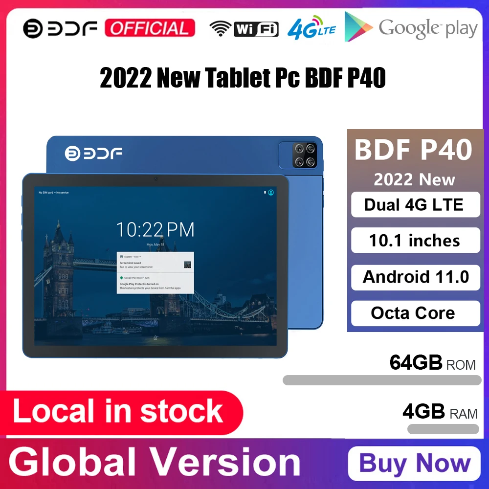 BDF P40 New Tablets 10.1 Inch AI Speed-up Octa Core 4GB RAM 64GB ROM Android 11.0 Google Play Dual 4G LTE Phone Call Tablet Pc