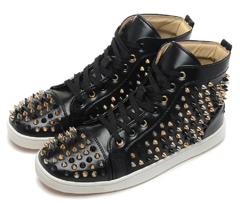 

Casual Black Sheepskin Mixed Spiked High Top Shoes Fashion Design Flat Shoes Red Soles Lefu Shoes Luxury Sports Shoes