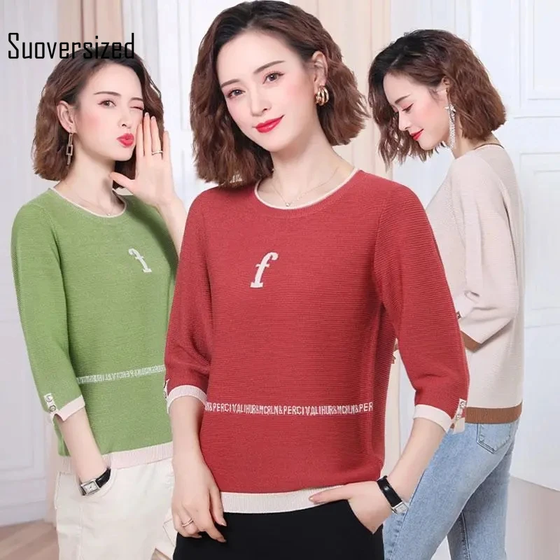 

Chic Embroidery Half Sleeve Knit tops Women Korean Style Candy Color Short Knit Pullover Casual Loose Big Size Ice Silk Knitwear