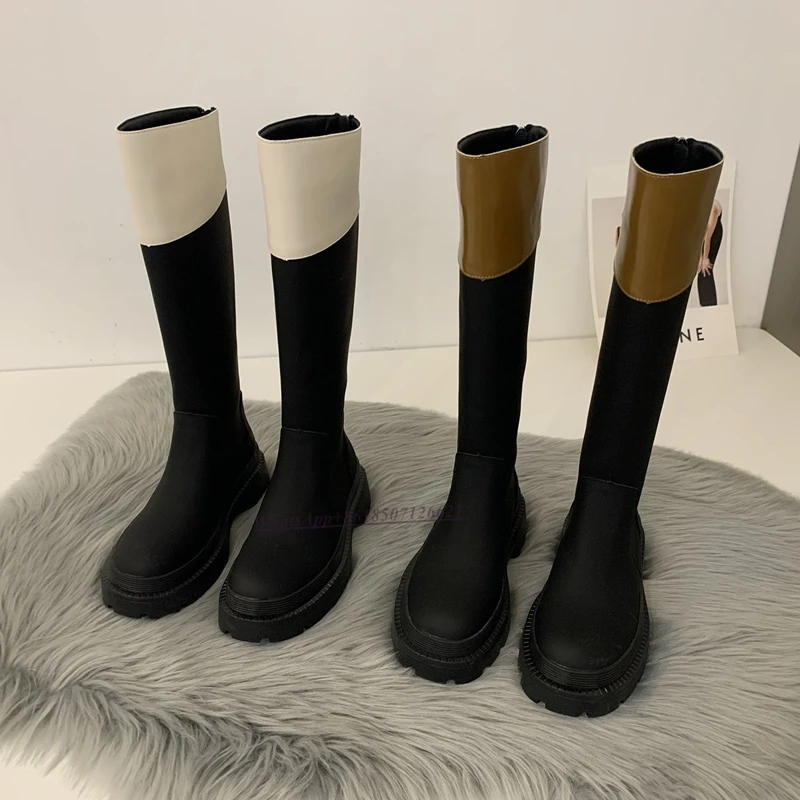 Купи Thick Sole Mixed Color Knee High Boots Women's Shoes Boots 2022 New Spring and Autumn Chelsea Round Toe Boots за 4,200 рублей в магазине AliExpress