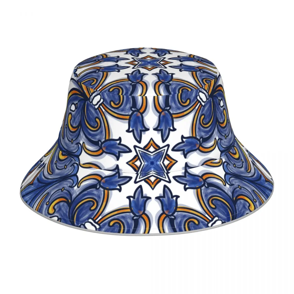 

Blue And Yellow Baroque Reflective Bucket Hat Summer Hats Fisherman Hat Foldable Women Men Sunscreen Shade Caps