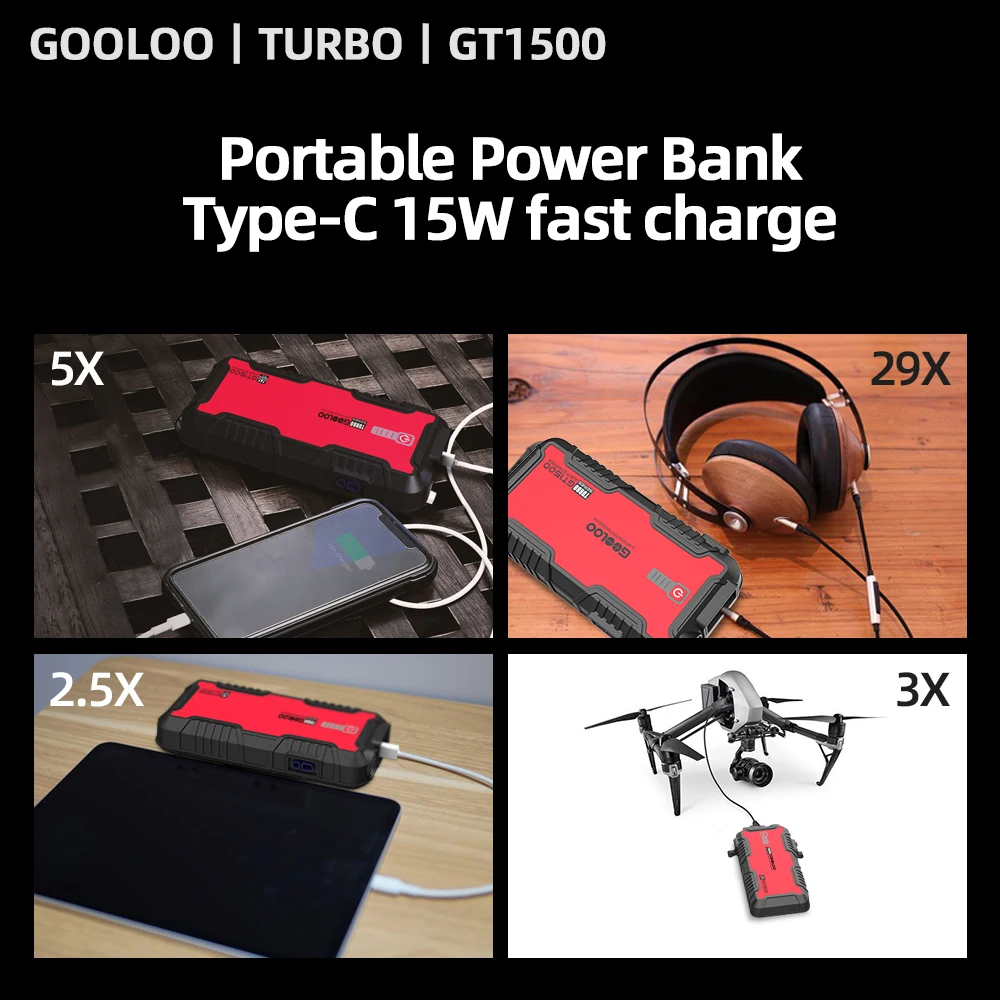 $50.50 GOOLOO Powerbank Battery 12V Vehicle Jump Starter Power Bank 1500A Peak Current Car Starting Device 15000A Motorcycle Booster