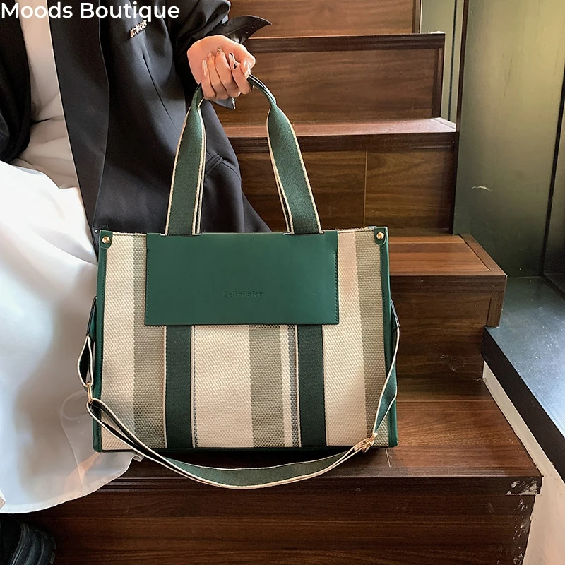 

MOODS Quality Canvas Tote Bag For Women 2023 Luxury Designer Handbag Contrast Color Striped Big Shoulder Crossbody Shopper Totes