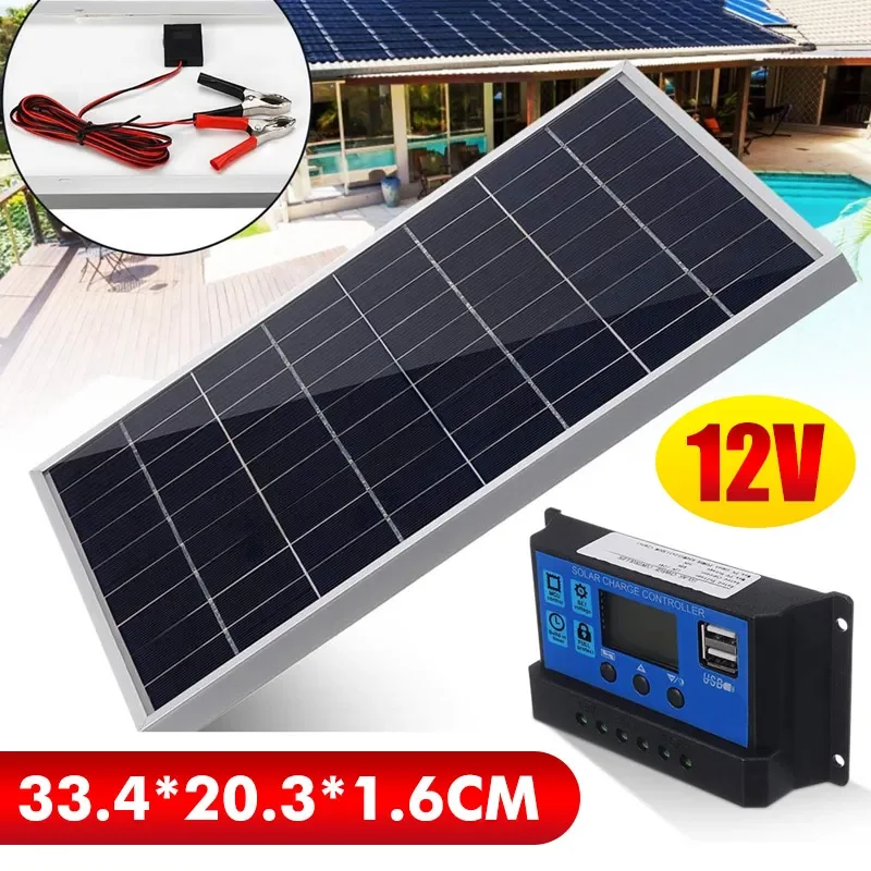 

12V Solar Panel Mono Crystalline Charger With Solar Charge Controller + Clip For Home Camping Outdoor Lighting Motorhome
