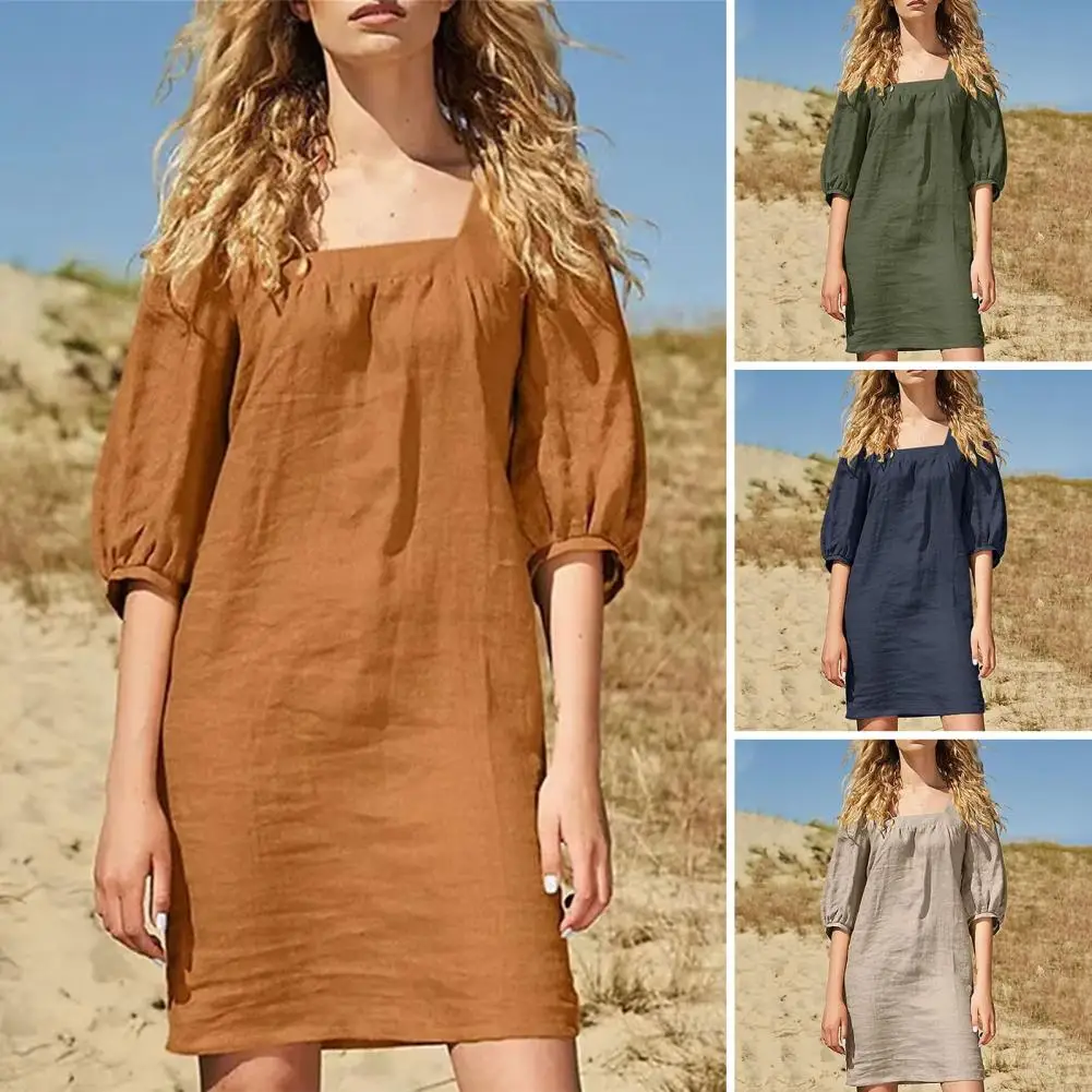 

Lightweight Summer Dress Chic Square Collar Puff Sleeve Mini Dress Women's Loose Fit Beachwear with Thin Solid for Streetwear