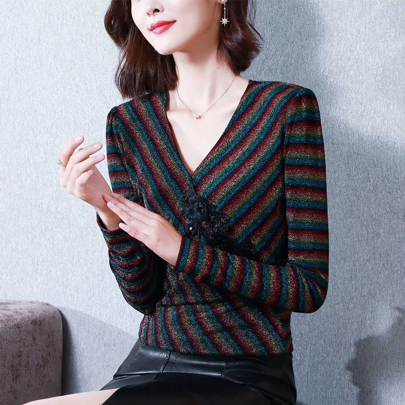 

Striped Blouses Korean Style Fashion Office Clothes Women Spring Autumn 2022 Female Fashion Long Sleeve V-neck Shirt Tops B13