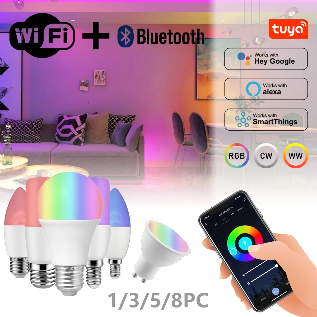 Умная Светодиодная лампа TUYA Smart с Wi-Fi, bluetooth, E27, GU10, E14, 6 Вт, 10 Вт, лампа Rgb с регулируемой яркостью и голосовым управлением, 1-8 шт.