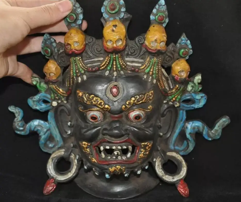 8-дюймовая тибетская бронзовая краска Махакала голова Будды экзорцизм подвеска