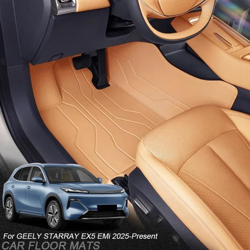 Фото Для GEELY STARRAY EX5 EMi 2025-наст. время: Индивидуальные противоскользящие коврики из кожи Nappa для защиты ног в автомобиле, роскошные водонепроницаемые напольные коврики-аксессуары №2
