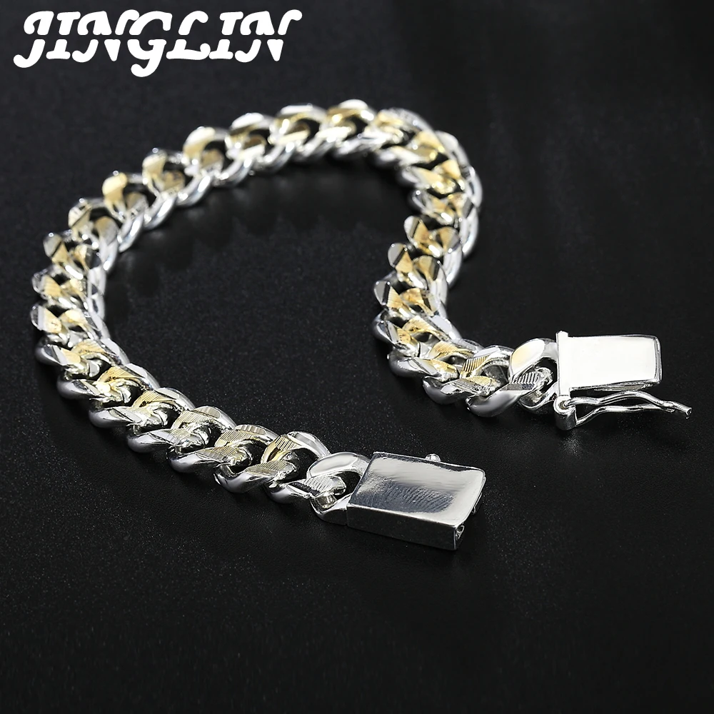 

JINGLIN Men's Jewelry 925 Silver Sideways Cuban Hip Hop Bracelet 10MM8'' Square Buckle Gift Square button