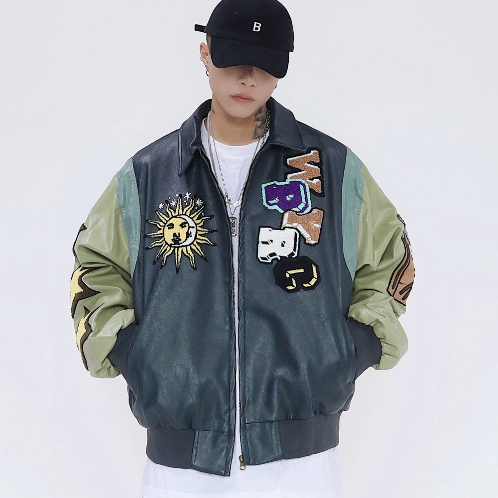 Harajuku Casual Autumn Leather Outwear Men Hip Hop PU Leather Jacket Streetwear Cartoon Full Embroidery Patchwork Jacket Coat