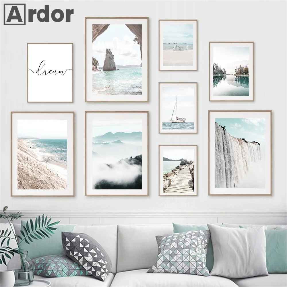 

Скандинавский пляж озеро горы Фолз пейзаж Картина на холсте Современные принты скандинавский настенный постер картины декор для гостиной