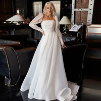 strapless wedding dresses for women 2022 detachable long puff sleeves ivory wedding gowns simple white pleat a line bride dress