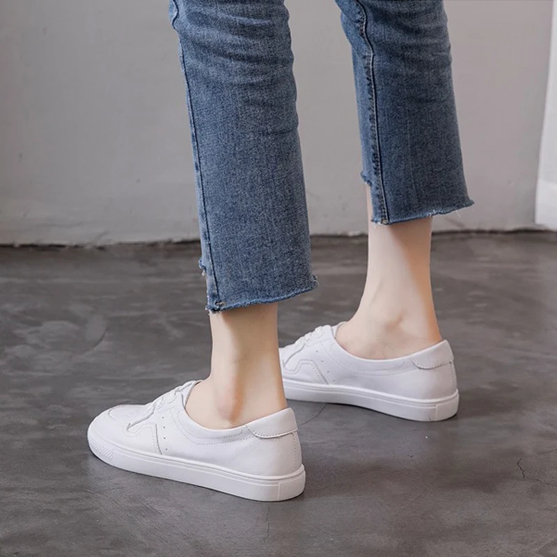 CXJYWMJL Cowhide Casual Sneakers for Women Summer Flat Vulcanized Shoes Genuine Leather Spring Skate Shoes Ladies Sports White