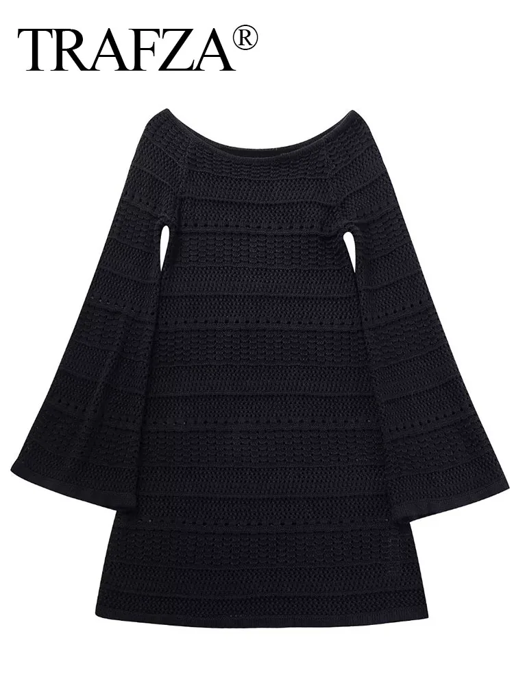 

TRAF ZA Female Fashion Black Sweater Dress Spring Hollow Out Knitted Long Flare Sleeve Slim Crew Neck A-Line Sexy Mini Dresses